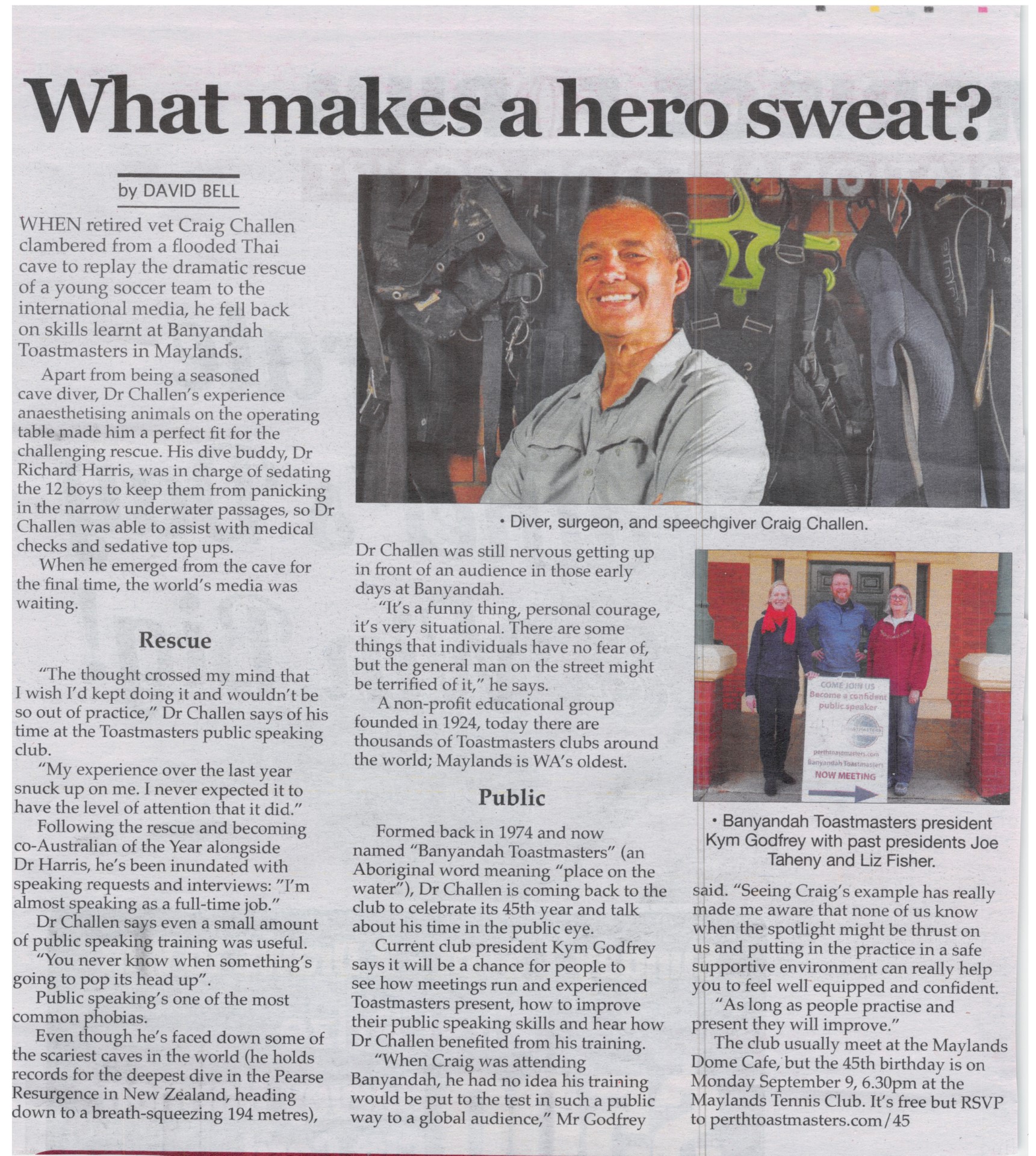 What Makes a Hero Sweat - Perth Voice Newspaper Article about Craig Challen and Banyandah Toastmasters' 45th Celebrations